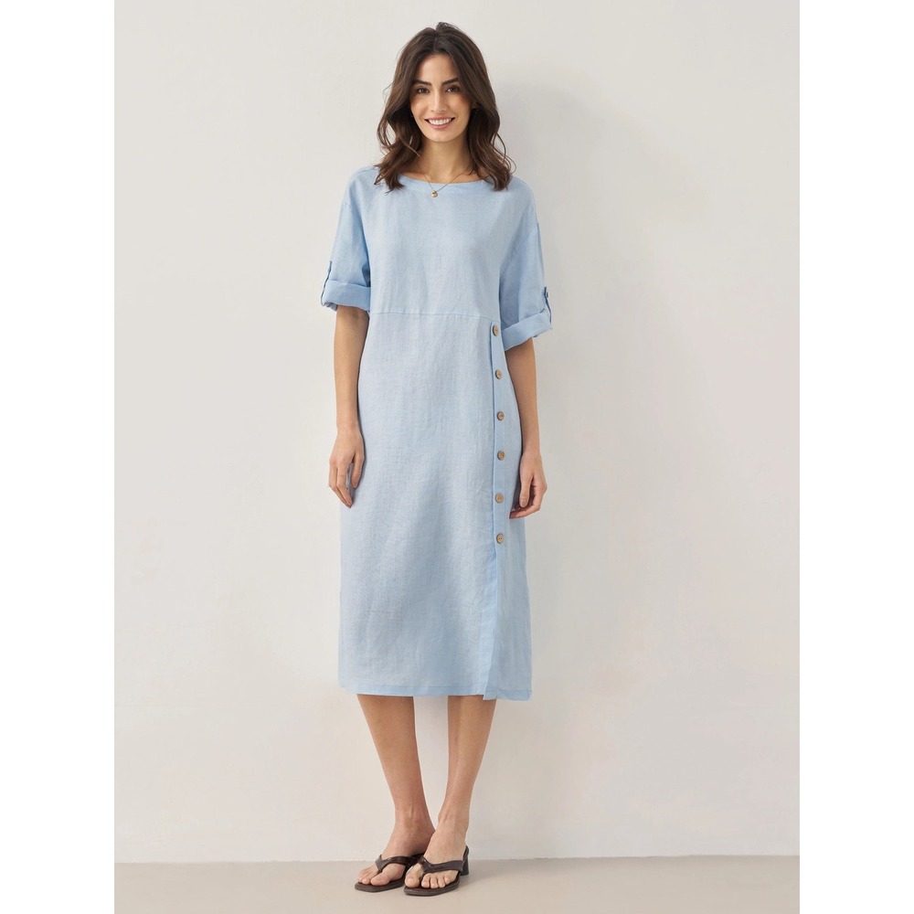 Lintico Linen Round Neck Asymmetrical Button Front Midi Dress JELENA Women LARGE